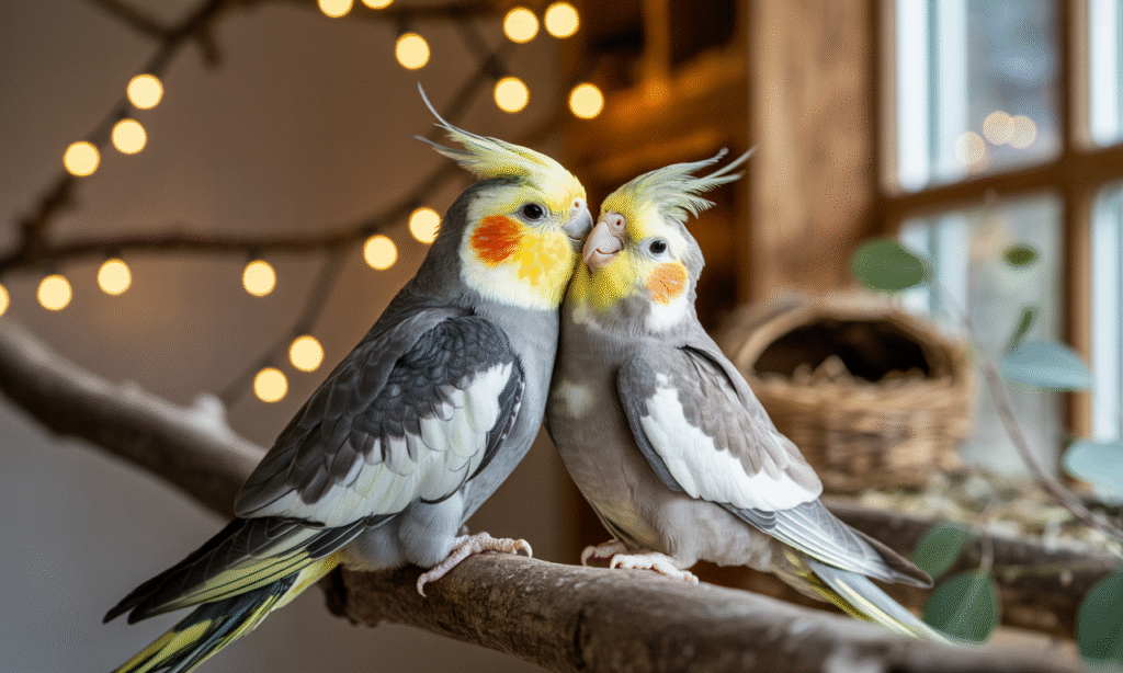Two cockatiels are preening each other feather