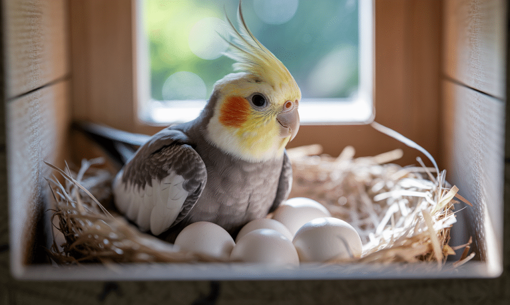 A Female Cockatiel is incubating her eggs
