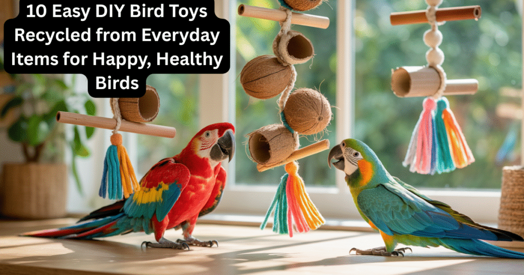 Happy parrots playing with DIY bird toys recycled from natural materials.