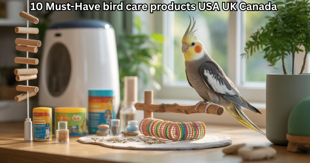 Happy cockatiel with premium bird care products USA UK Canada including toys, perches, and vitamins in a bright, clean setup.