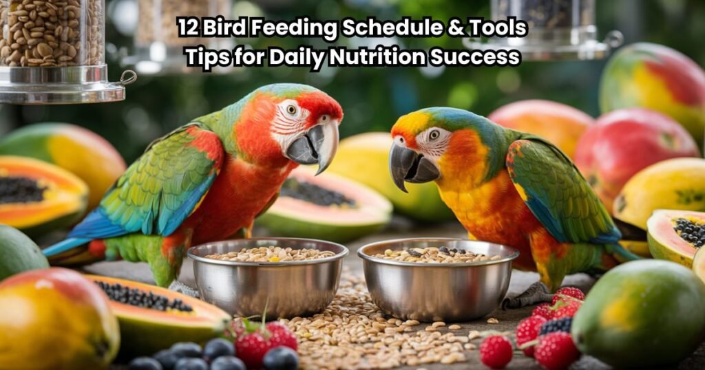 Parrots enjoying balanced meals following a structured bird feeding schedule.