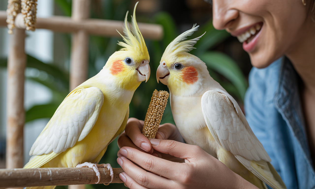 owner supporting healthy bird pair bonding with play and food sharing