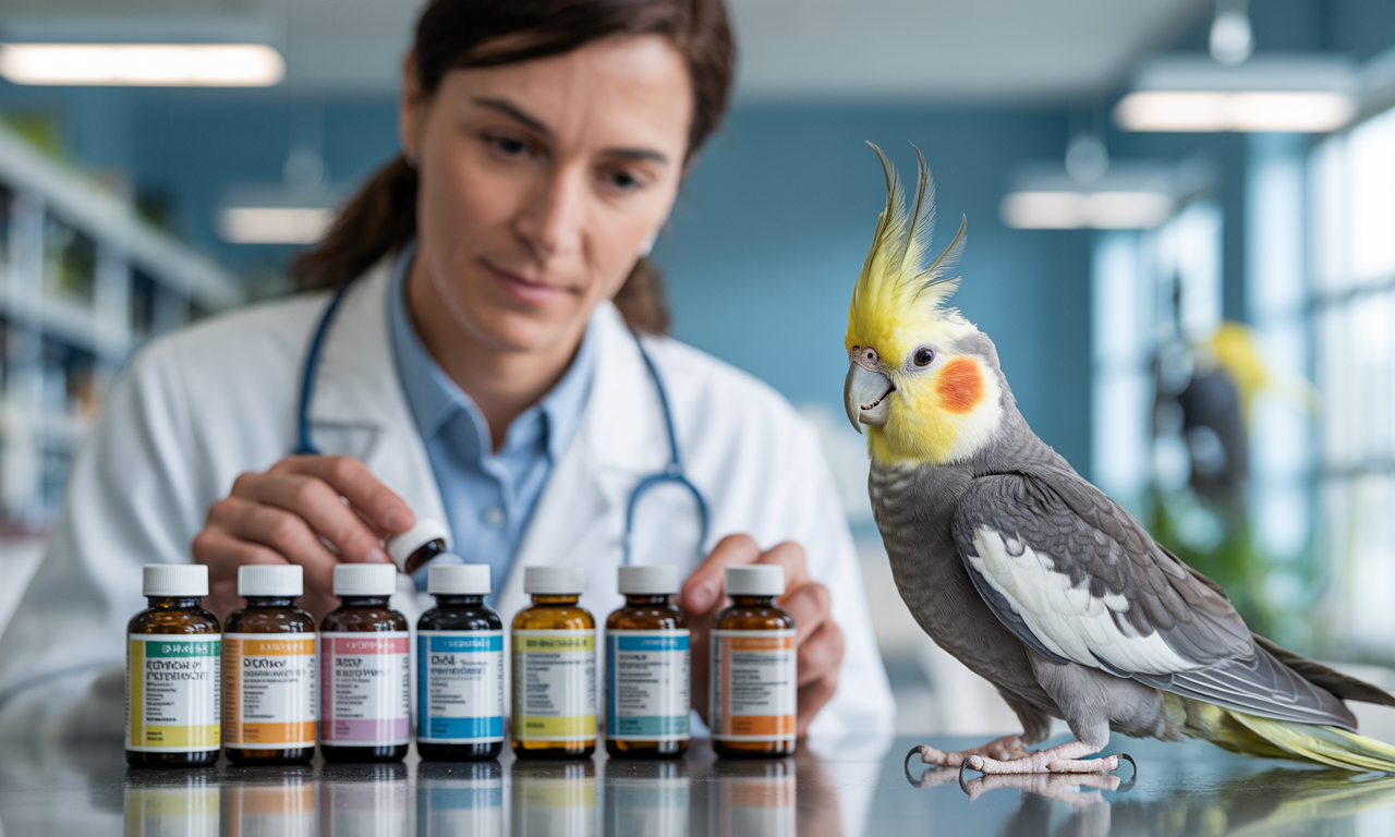 Veterinarian checking bird vitamin supplements with a cockatiel sitting nearby on the table.