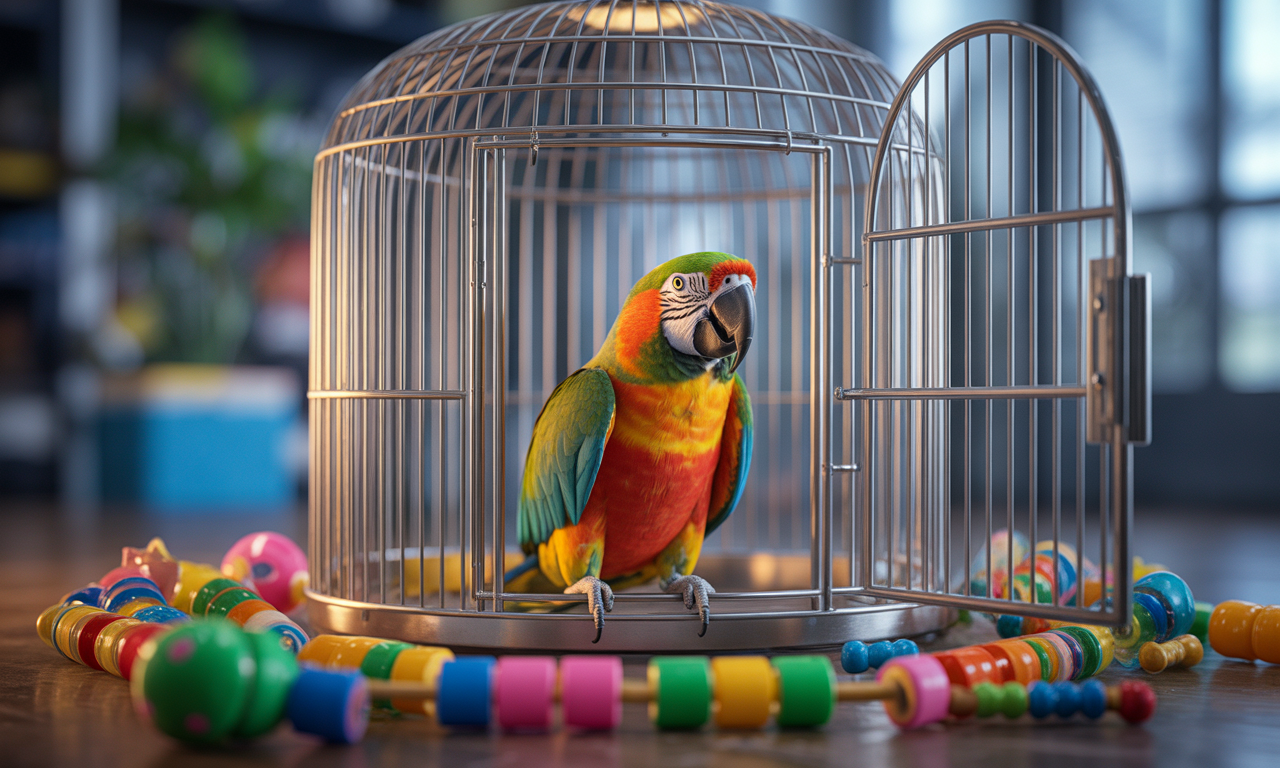 Parrot enjoying life inside a premium bird cage.