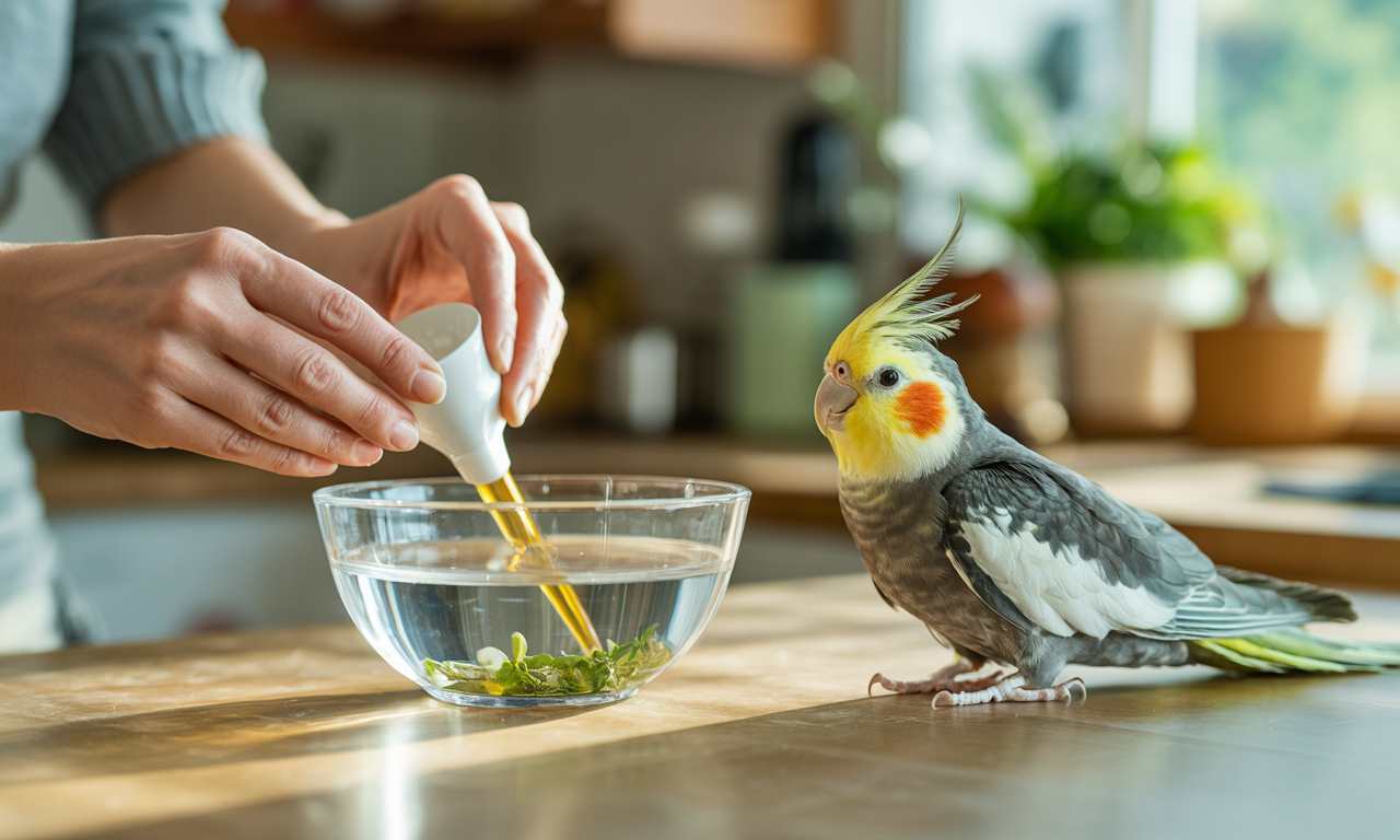 Bird owner adding liquid bird vitamin supplements to a parrot’s water bowl in natural light.