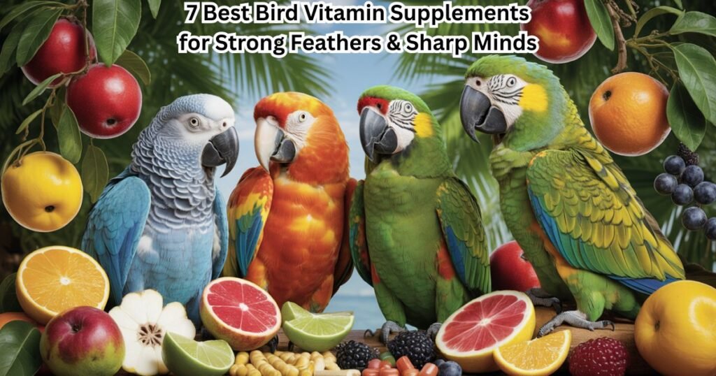 Colorful parrots beside fresh fruits and bird vitamin supplements symbolizing vibrant health and nutrition.