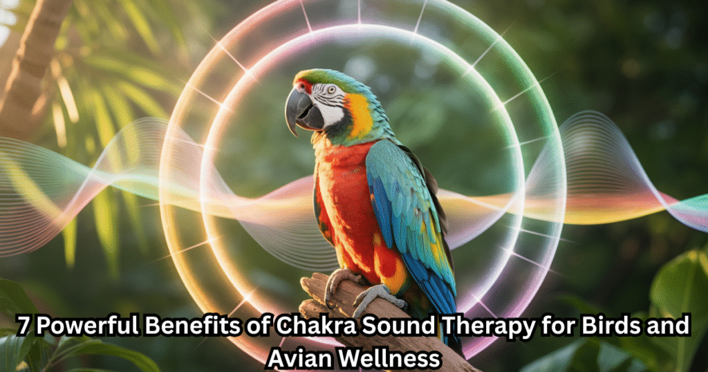 Colorful parrot surrounded by chakra energy rings representing chakra sound therapy for birds