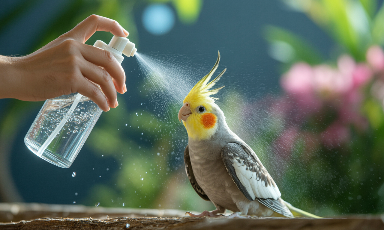 Cockatiel enjoying gentle misting for feather care.