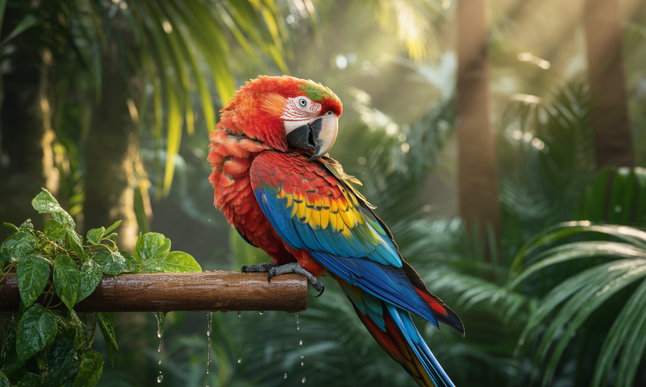 healthy feathered parrot after regular bathing routine
