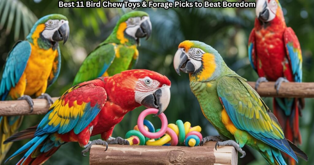 Colorful parrots enjoying wooden and vine bird chew toys in a bright aviary.