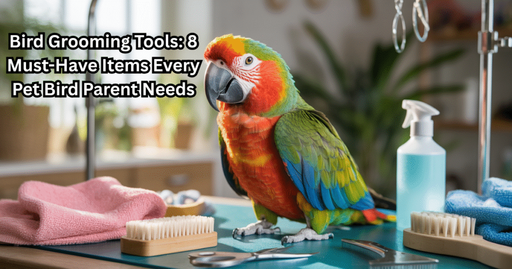 Parrot on grooming table with essential bird grooming tools for healthy feathers and beak.