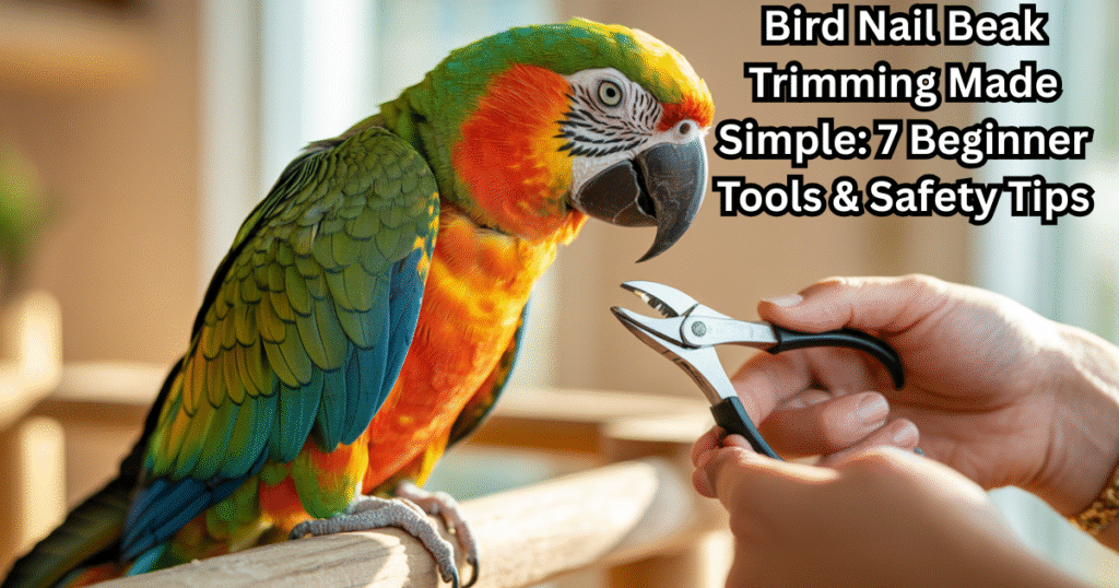 Bird nail beak trimming at home — owner gently trimming a parrot’s nails using safe grooming tools.