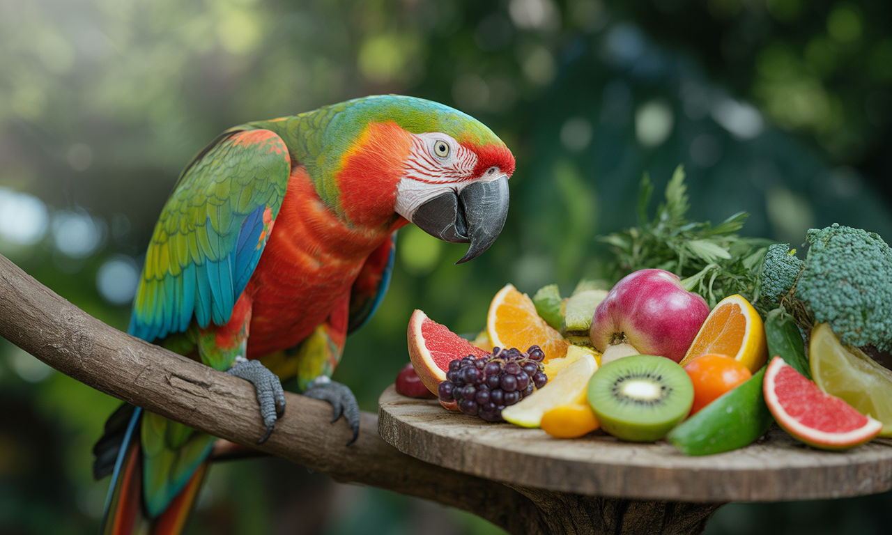 bird is eating fruits and vegetables