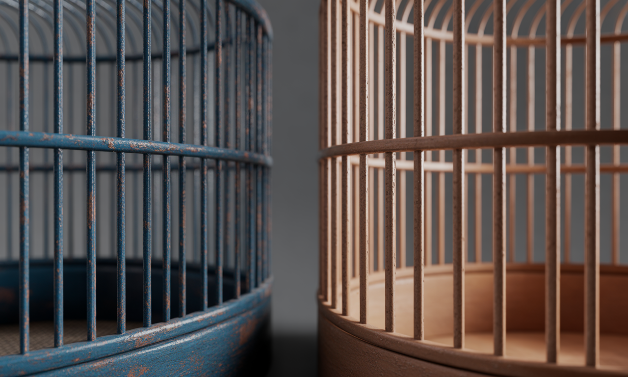 Close-up of premium vs budget bird cage materials.