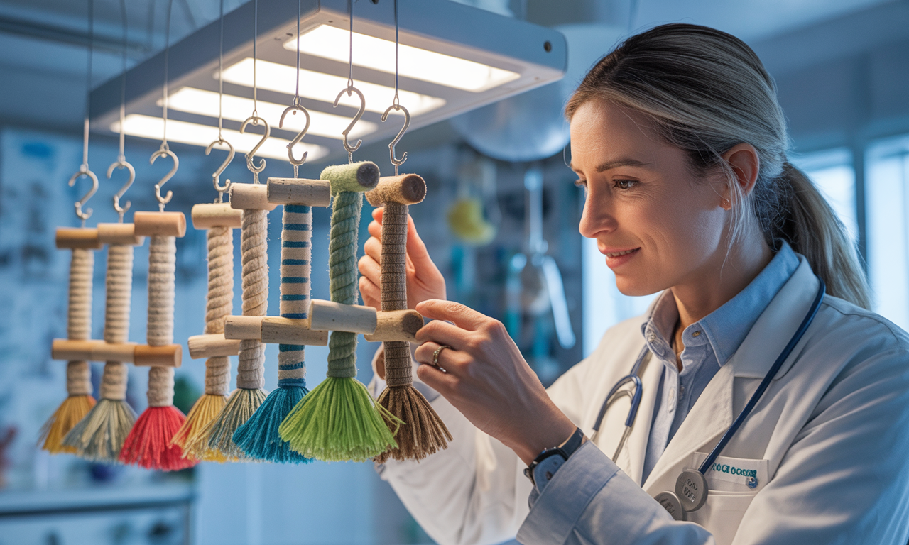 Avian vet checking safe materials of bird chew toys