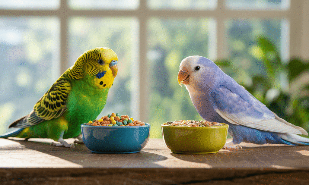 budgie and lovebird eating pellets and seed mix