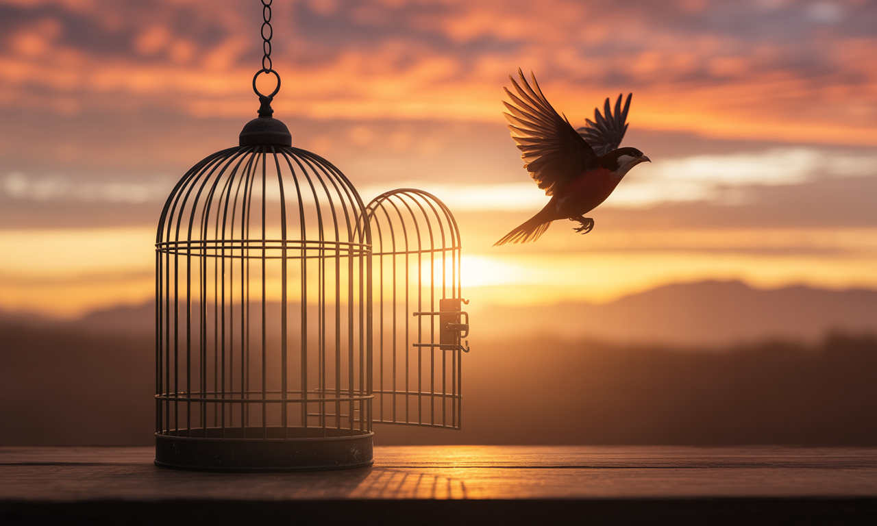 Open birdcage symbolizing bird adoption success stories and second chances.