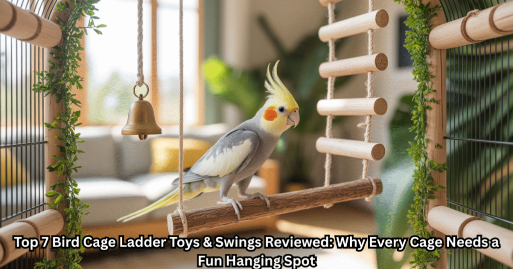 bird cage ladder toys and swings in a bright indoor setup