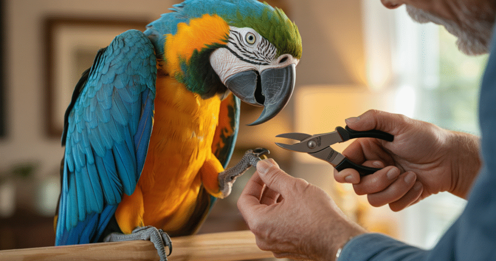 Safe nail trimming for pet bird using specialized bird grooming tools.