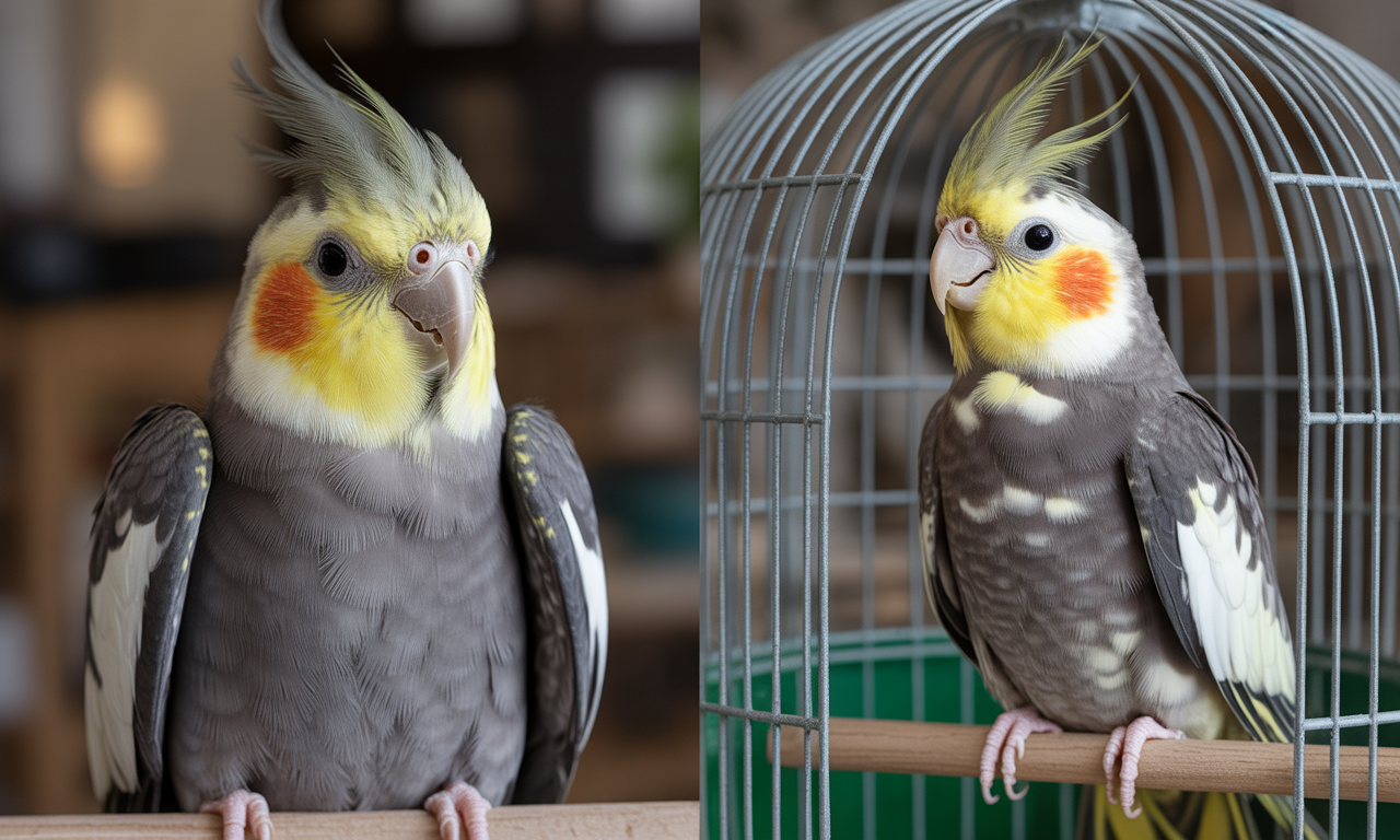 Before-after transformation of a rescued cockatiel in bird adoption success stories.