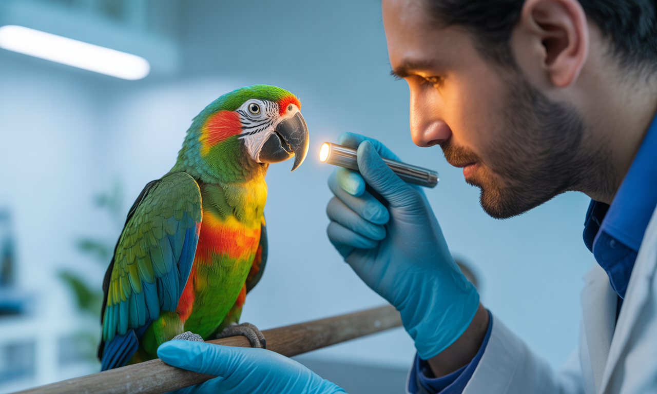 Avian vet checking parrot beak and nails during professional bird grooming session