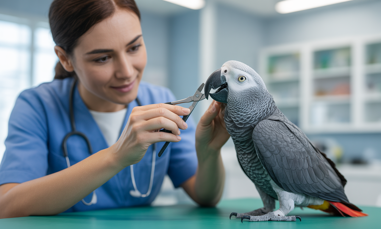 Avian vet trimming bird beak professionally with safe bird grooming equipment.