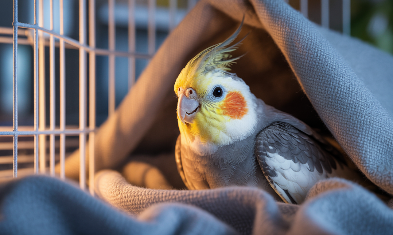 Cozy bird resting under clean cage cover in evening light