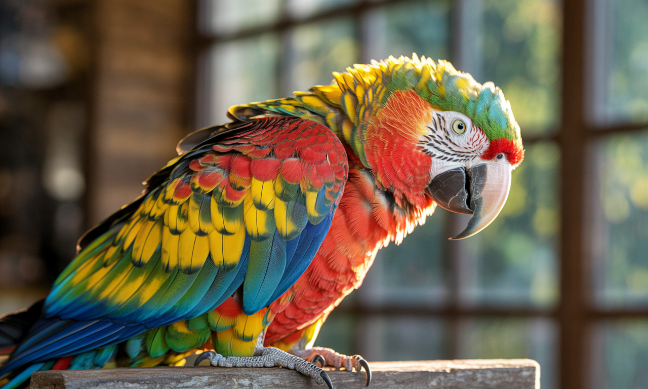 Healthy parrot basking in sunlight with radiant feathers after regular use of bird vitamin supplements