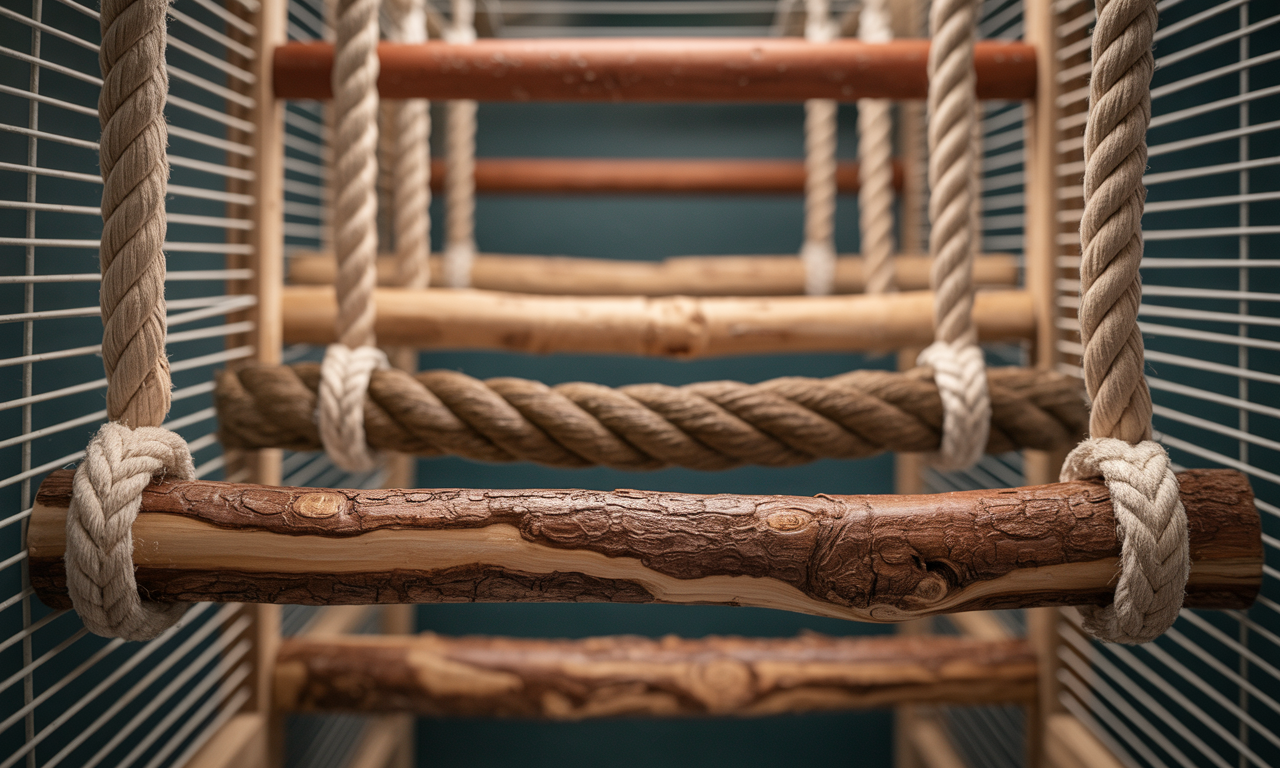 Wooden and rope perches inside bird cage showing healthy setup