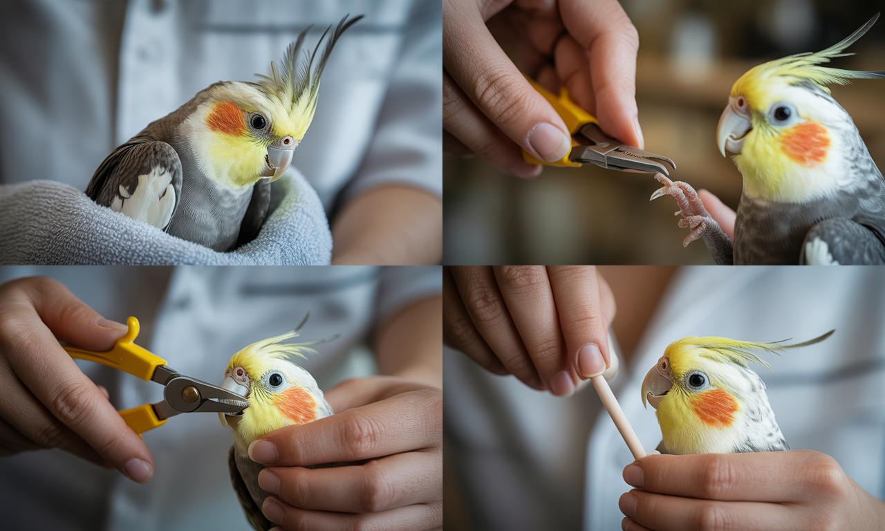 Step-by-step guide for bird nail beak trimming — safe towel wrap and nail clipping for cockatiel