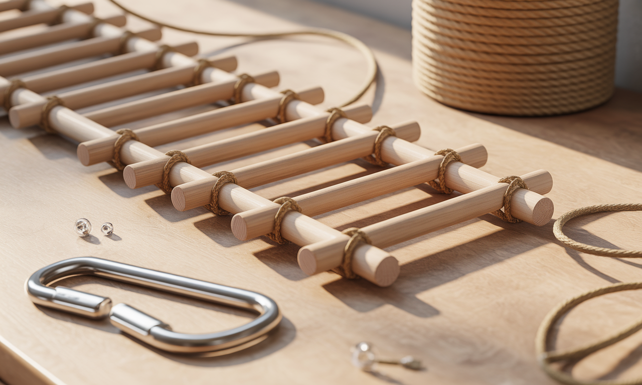 DIY bird ladder using wood dowels and sisal rope