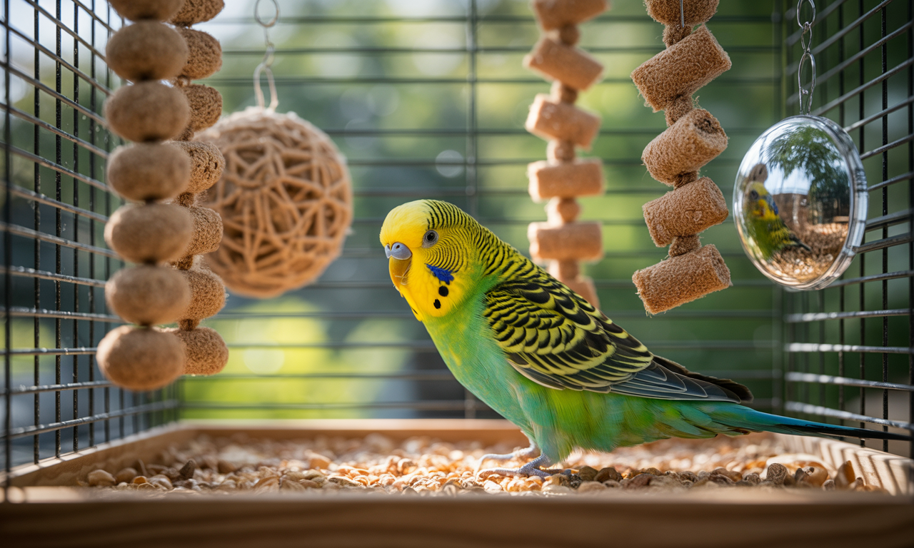 Wooden and rope perches inside bird cage showing healthy setup