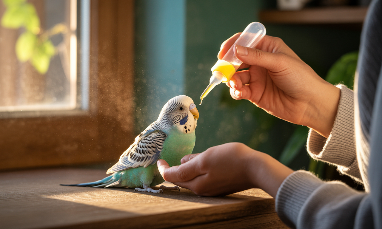 Feeding rescued budgie — heartwarming bird adoption success story showing recovery.

