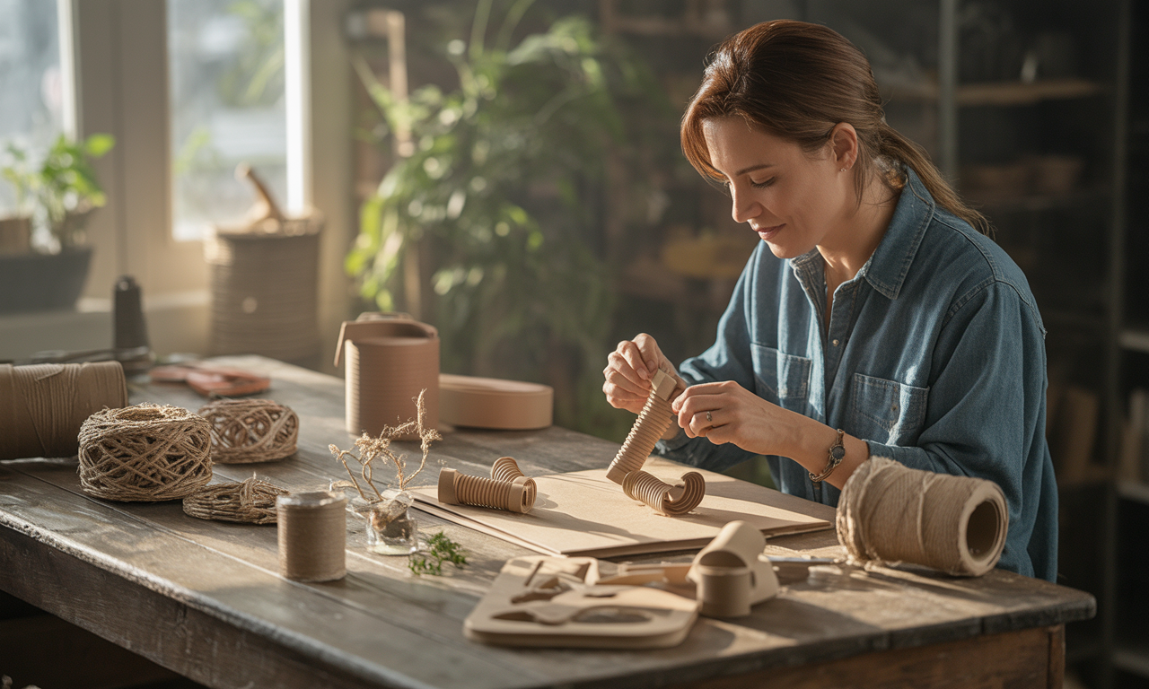 Owner making DIY bird chew toys from safe natural materials.

