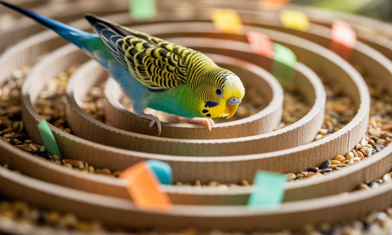 Budgie exploring cardboard maze made from DIY bird toys recycled materials.